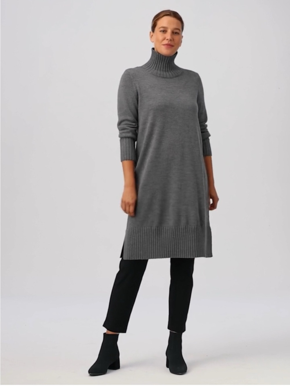 Eileen Fisher Gray Merino Jersey Turtleneck Dress in Regenerative Wool | Size L